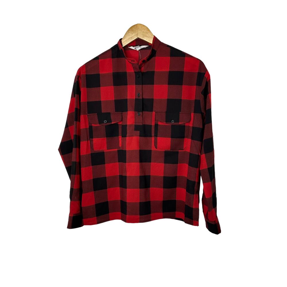 BB Dakota Red & Black Buffalo Plaid Semi-Sheer Button-Up Blouse Women's XS